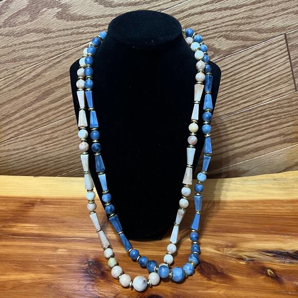 Vintage Beaded Faux Pearl Necklace Lot 2 Strands Blues & Cream Tones Screw Clasp - Picture 1 of 7